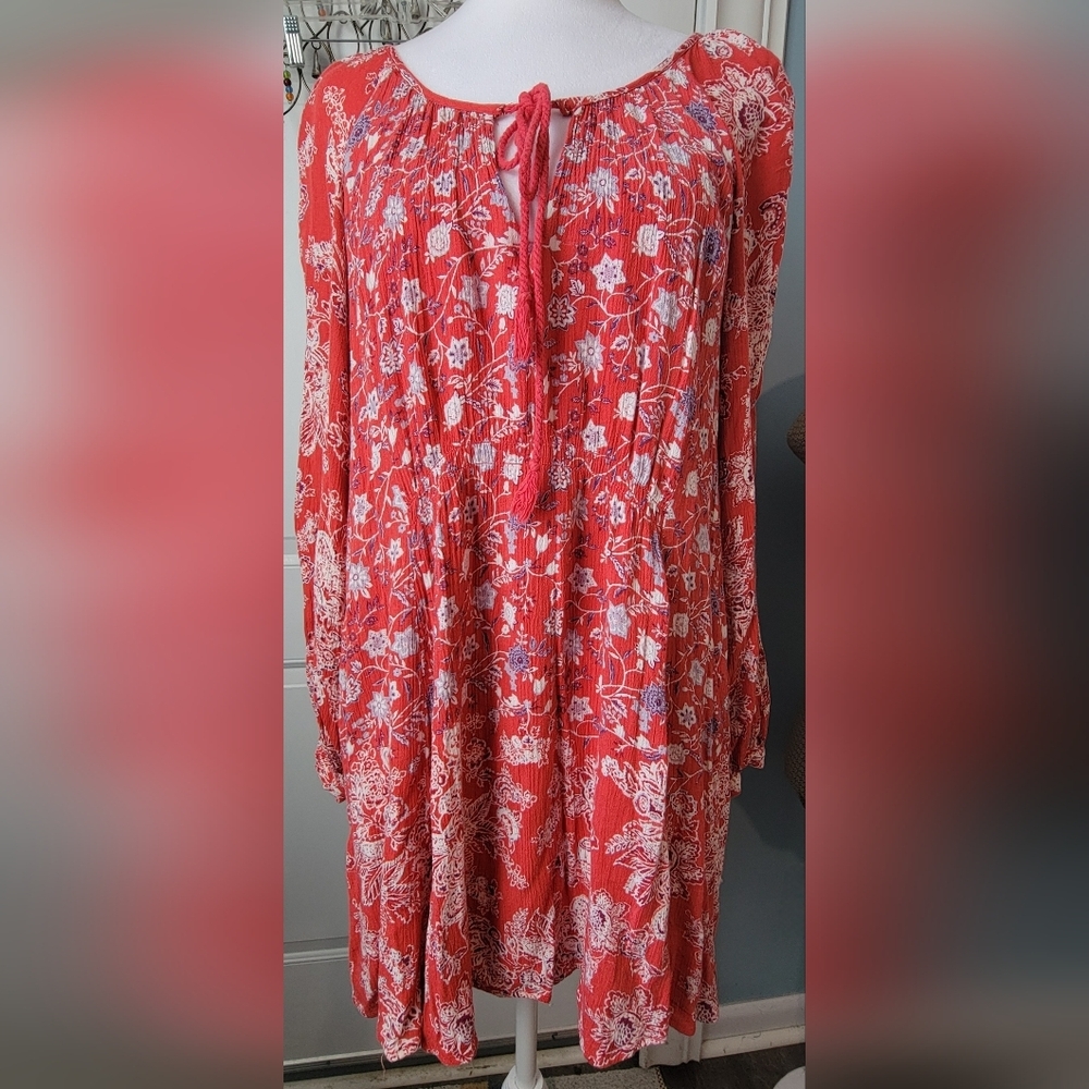Free People Lucky Loosey Floral Print Mini Dress Womens S Blood Orange Boho Flow